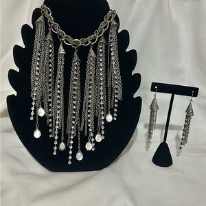 Tassel Fringe Statement Necklace & Earring Set silver-tone 17 1/2”-20 1/2”